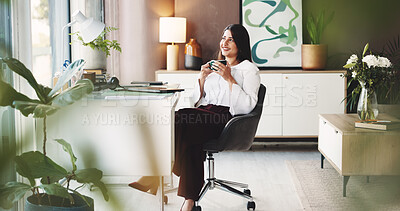 Buy stock photo Business, smile and woman in home with cup, startup project and inspiration in remote work. Positive, relax and entrepreneur in house with tech, company goals and reflection in WFH management.