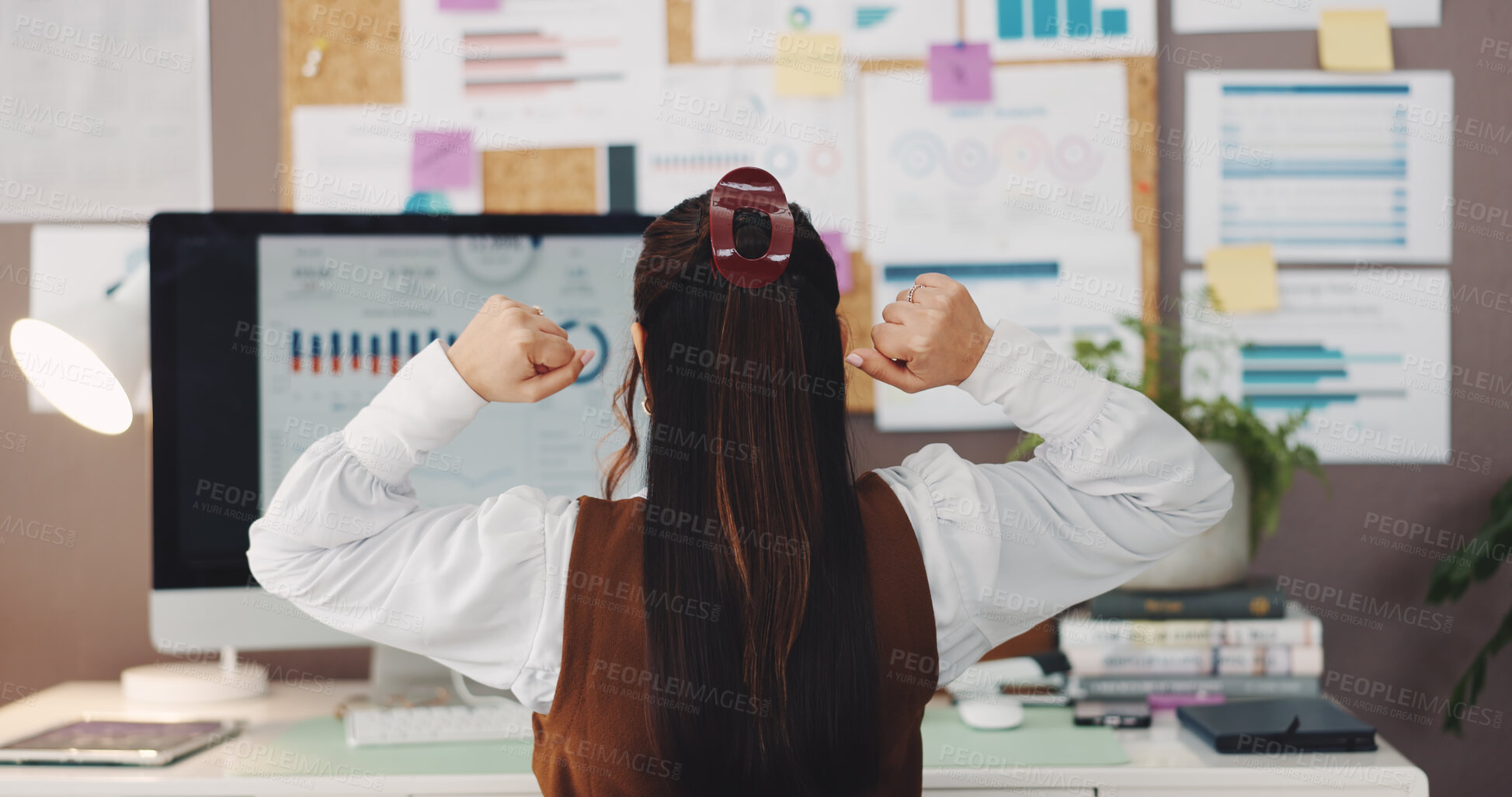 Buy stock photo Bonus, computer and fist pump with back of business woman in office for achievement deal. Success, target and winner with excited employee in workplace for celebration, milestone and goals on graphs
