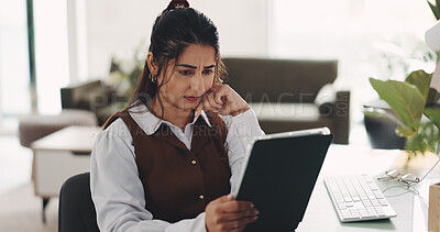 Buy stock photo Tablet, confused and businesswoman in home with research for freelance creative project. Digital technology, thinking and female copywriter with remote work for article publishing in apartment.