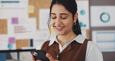 Business, woman and smartphone with smile for social media stats, information and check insight online. Mobile app, network and female analyst with data for internet platform performance in office