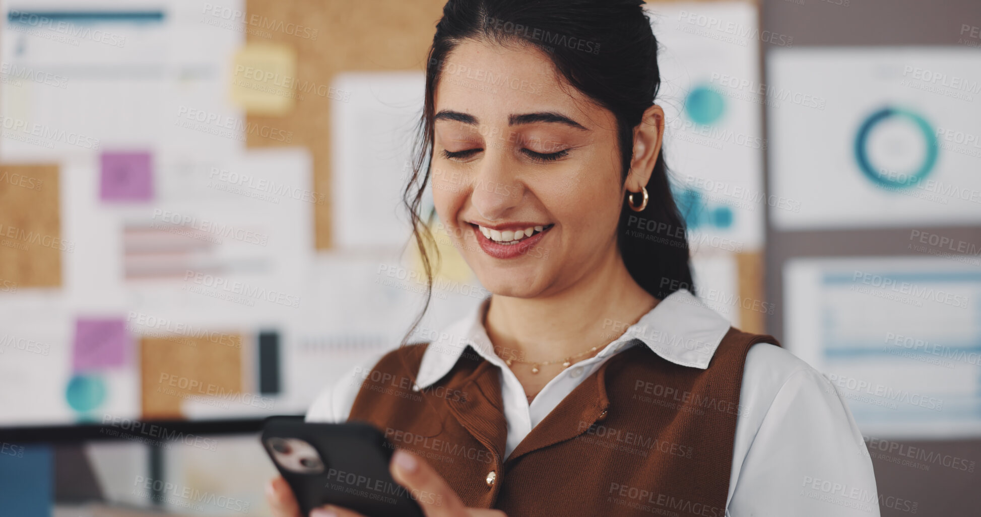 Buy stock photo Business, woman and smartphone with smile for social media stats, information and check insight online. Mobile app, network and female analyst with data for internet platform performance in office