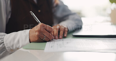 Buy stock photo Contract, hands and writing with business woman at desk in office to sign draft or proposal. Compliance agreement, documents and legal paperwork with signature of employee for management approval