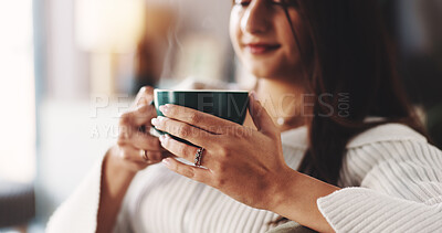 Buy stock photo Relax, coffee and woman on sofa with smile, inspiration and daydreaming in home. House, morning and female person in living room with reflection, warm beverage and thoughtful on weekend break