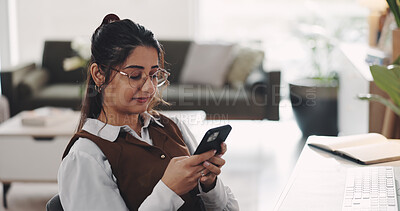 Buy stock photo Woman, freelancer and reading with phone in home for research, contact source and confirm schedule. Journalist, review and mobile app with editor feedback, fact check and notification for publication