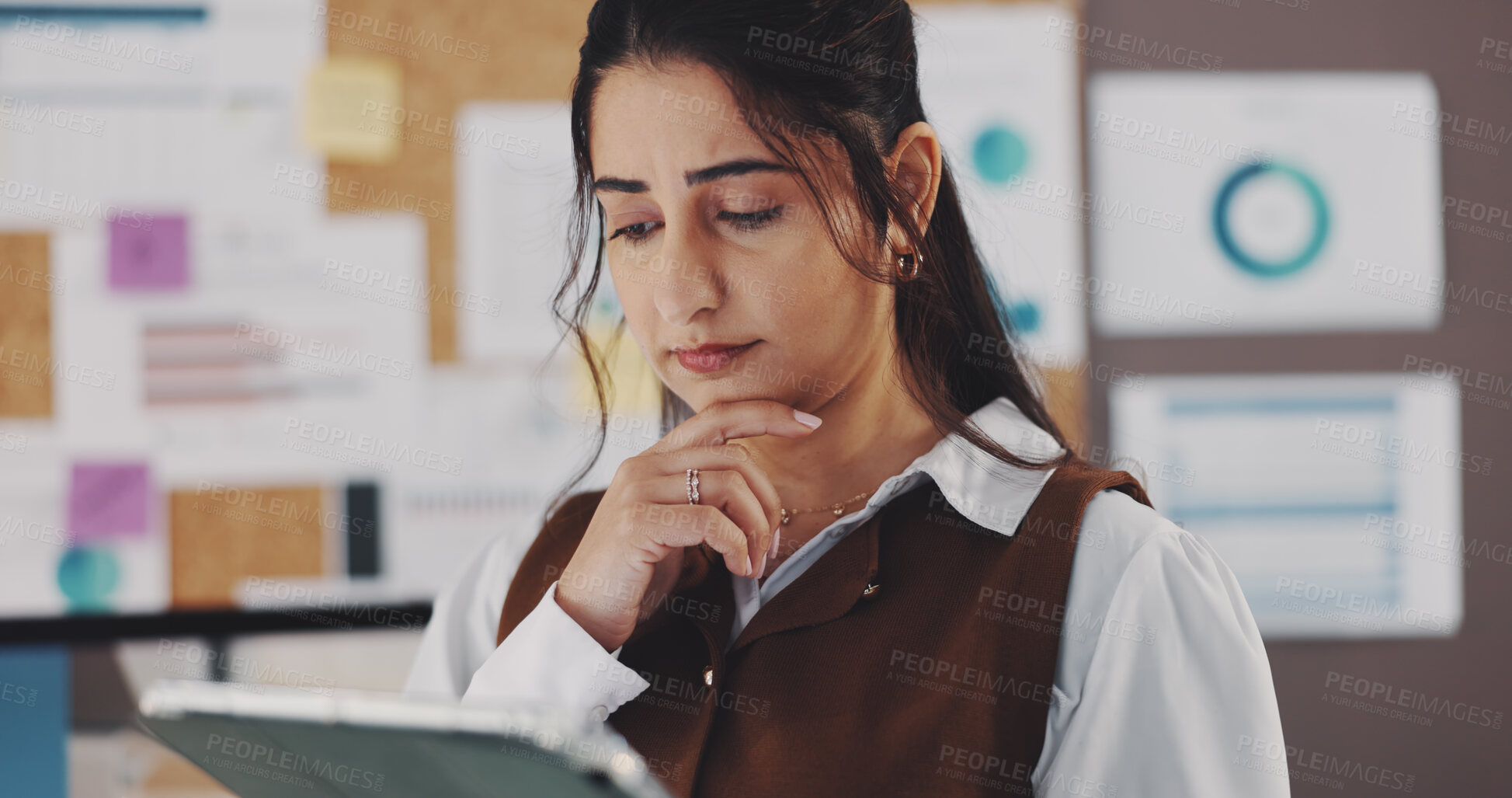 Buy stock photo Reading, tablet and thinking with woman in home office for seo specialist, kpi tracking or research analyst. Growth chart, performance report or online campaign with person in house for remote work