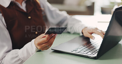 Buy stock photo Hands, laptop and credit card for payment, ecommerce or banking in office. Procurement officer, tech and person for online shopping, internet sales and password for digital finance app and technology