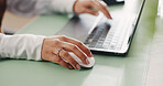 Hands, mouse and woman in office with laptop, administration and research in business. Computer, keyboard and female person in workplace with digital planning and typing email feedback in company