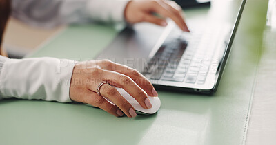 Buy stock photo Hands, mouse and woman in office with laptop, administration and research in business. Computer, keyboard and female person in workplace with digital planning and typing email feedback in company