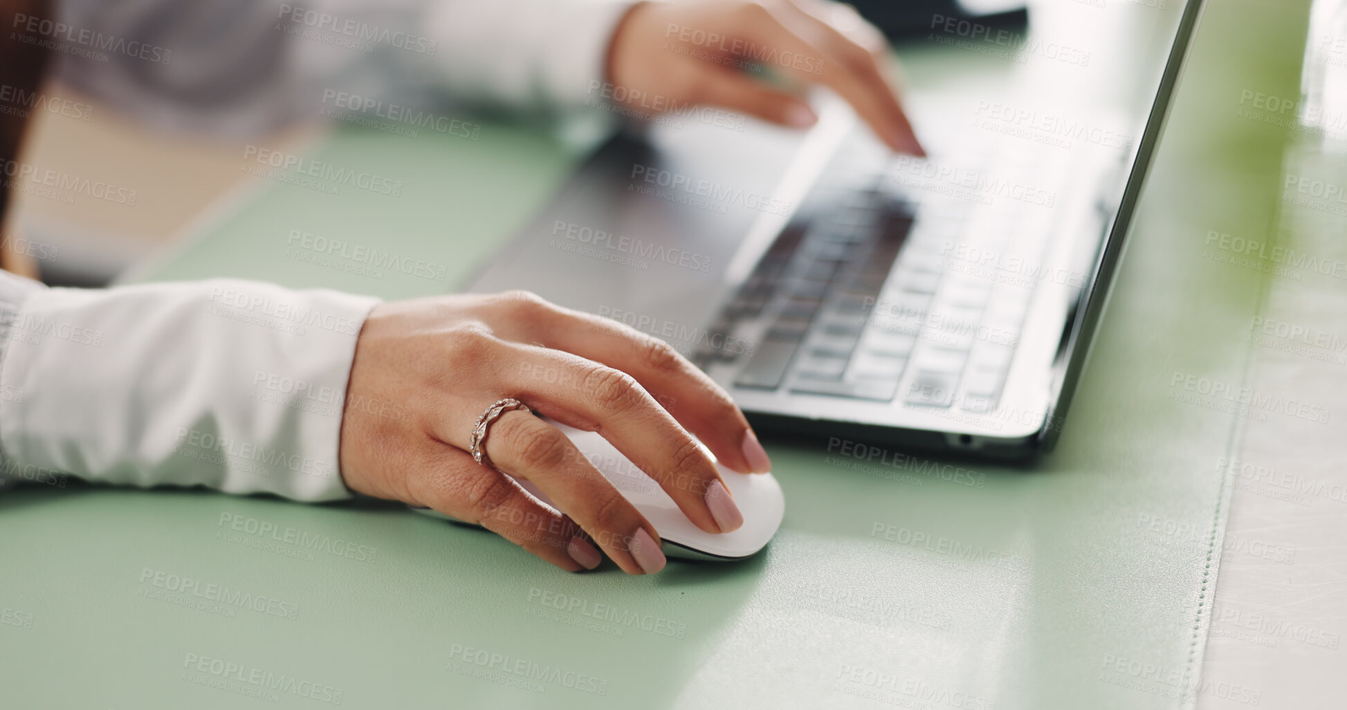 Buy stock photo Hands, mouse and woman in office with laptop, administration and research in business. Computer, keyboard and female person in workplace with digital planning and typing email feedback in company