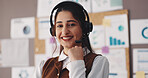 Headset, smile and portrait of woman in home office for financial advisor, investment graph and agent. Remote worker, virtual consultant and account charts with person and mic in apartment for profit