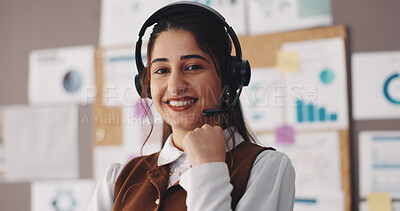 Buy stock photo Headset, smile and portrait of woman in office for financial advisor, investment graph and agent. Data analysis, virtual consultant and account charts with person and mic in agency for profit