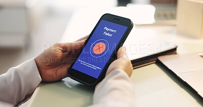Buy stock photo Hands, phone screen and payment issue for ecommerce, transaction or banking in office. Fintech, smartphone and person for online shopping, internet sales and declined notification for finance app