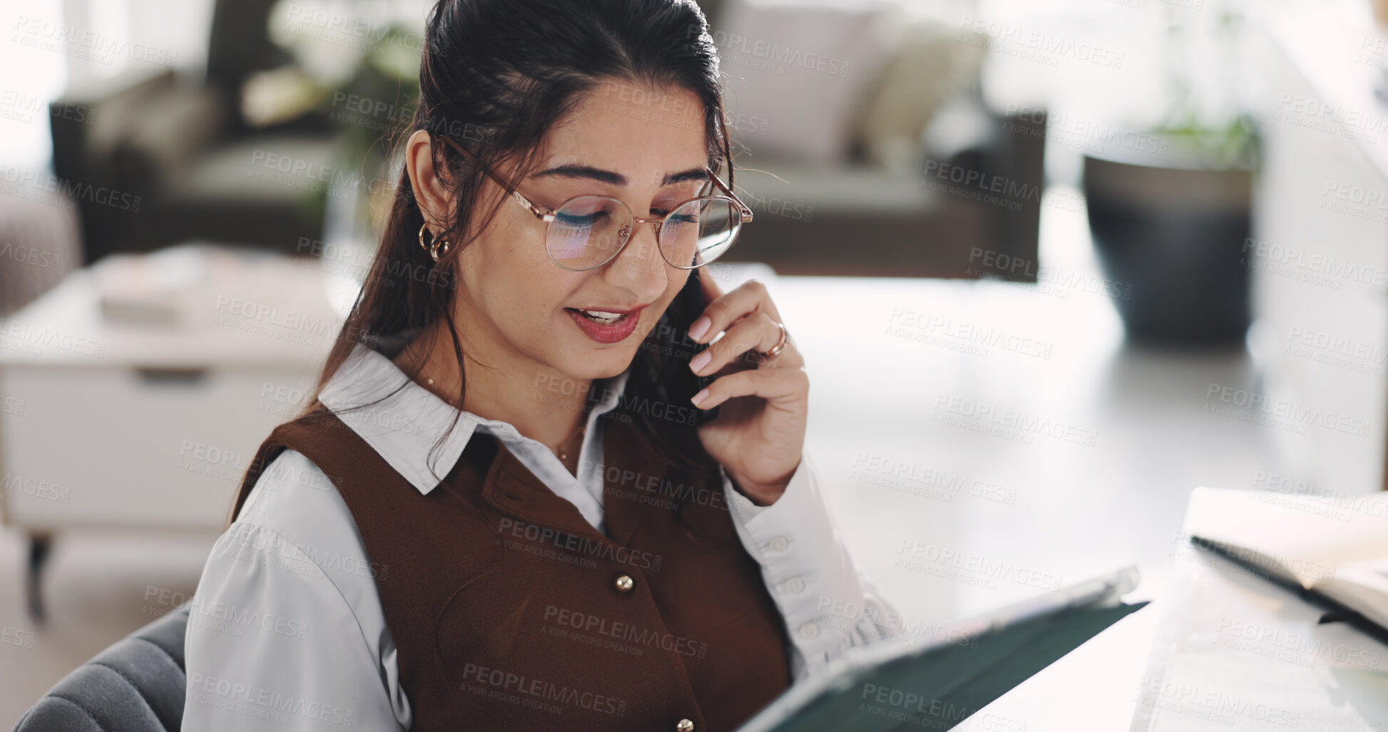 Buy stock photo Phone call, business and woman in office with tablet, online communication or schedule for client. Corporate, wireless and consultant in workplace with tech, virtual meeting or email on crm software.