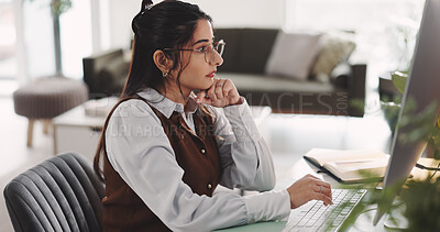 Buy stock photo Computer, thinking and typing with designer woman at desk in office for development or planning. Creative, ideas and vision with business person in design workplace for administration or review