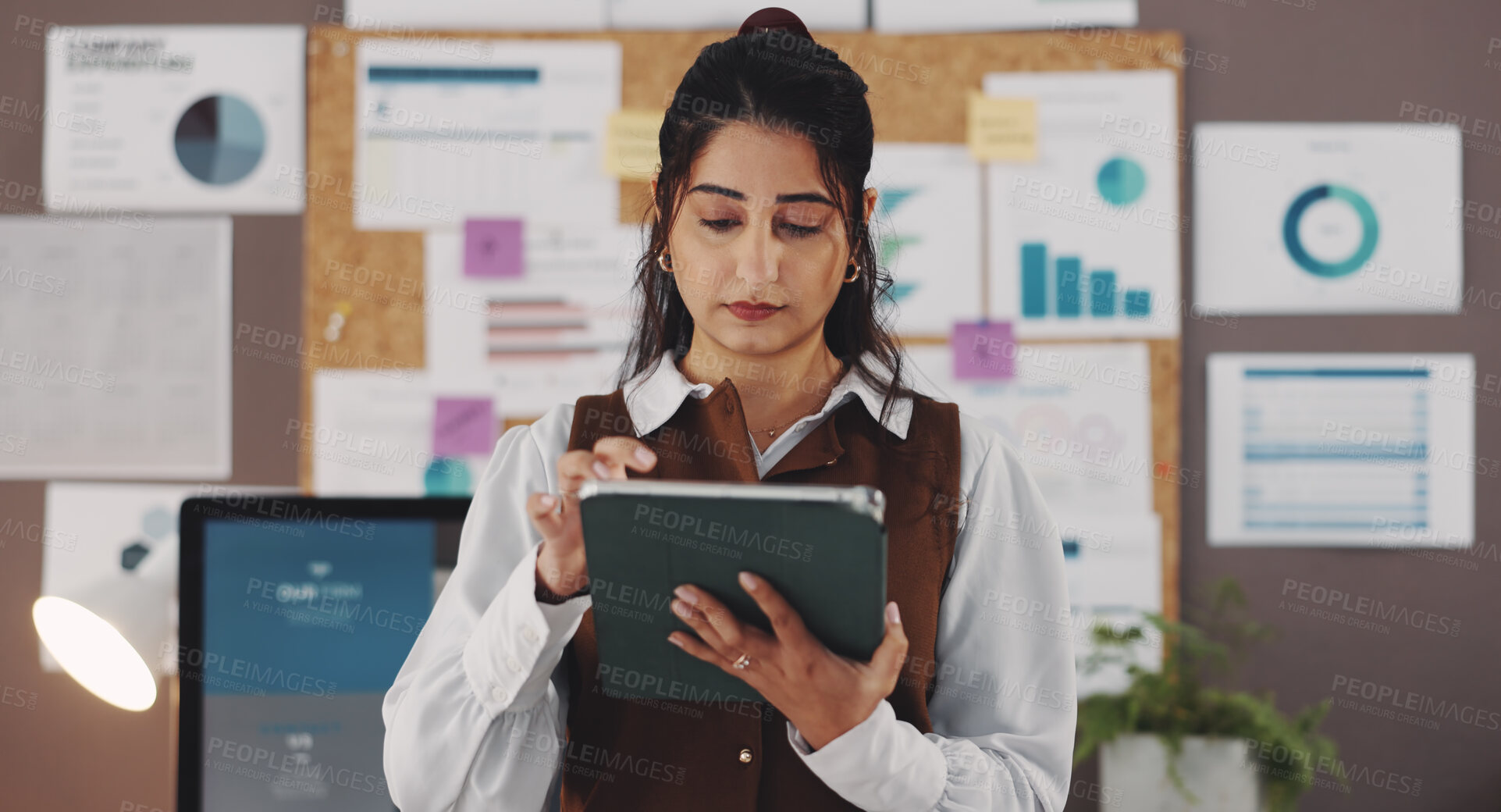 Buy stock photo Scroll, tablet and business woman in office for seo specialist, kpi tracking or research analyst. Growth chart, performance report or online campaign with female person in agency for data analysis