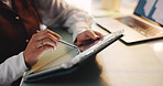Hand, research and writing on tablet in office, finance data or online trends for strategy planning. Statistics info, analyst and business woman with digital app, review or report for company growth.
