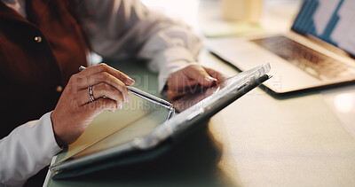 Buy stock photo Hand, research and writing on tablet in office, finance data or online trends for strategy planning. Statistics info, analyst and business woman with digital app, review or report for company growth.