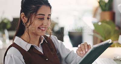 Buy stock photo Tablet, happy and businesswoman in home with research for freelance creative project. Digital technology, reading and female copywriter with remote work for online article with publishing in house.