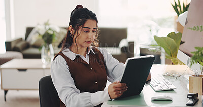 Buy stock photo Tablet, reading and businesswoman in home with research for freelance creative project. Digital technology, professional and female copywriter with remote work for article publishing in apartment.