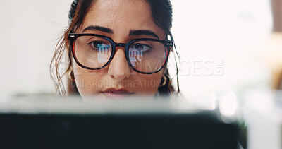 Buy stock photo Glasses, tablet and research with business woman in office for data analysis, reflection and budget charts. Accounting graph, revenue planning and online report with person in finance firm for review