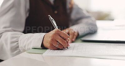 Buy stock photo Contract, hands and signature with business woman at desk in office to sign draft or proposal. Compliance agreement, documents and legal paperwork with employee writing for management approval