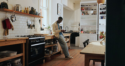 Buy stock photo Breakfast, search and black man with phone in kitchen for healthy recipe, digital app and website. Nutrition, morning meal and person with online cookbook, tutorial and ingredient list for wellness