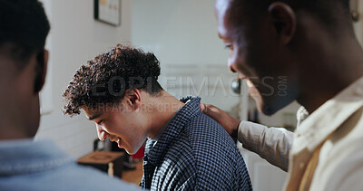 Buy stock photo Happy people, friends and bonding with help in kitchen for social gathering or get together in home. Men, group or community with smile, chat or weekend for support, friendship or reunion in house