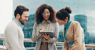 Buy stock photo Team, balcony and business people on tablet for meeting, finance review and proposal feedback. Corporate, collaboration and workers on tech for discussion, financial report or budget planning outdoor