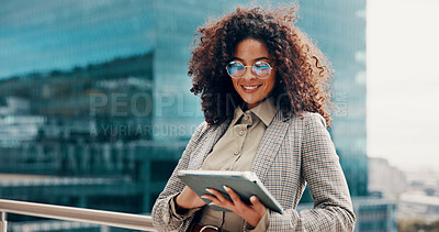 Buy stock photo Happy, rooftop and businesswoman with tablet in city with research for finance report with company budget. Technology, balcony and female financial manager with investment proposal in urban town.