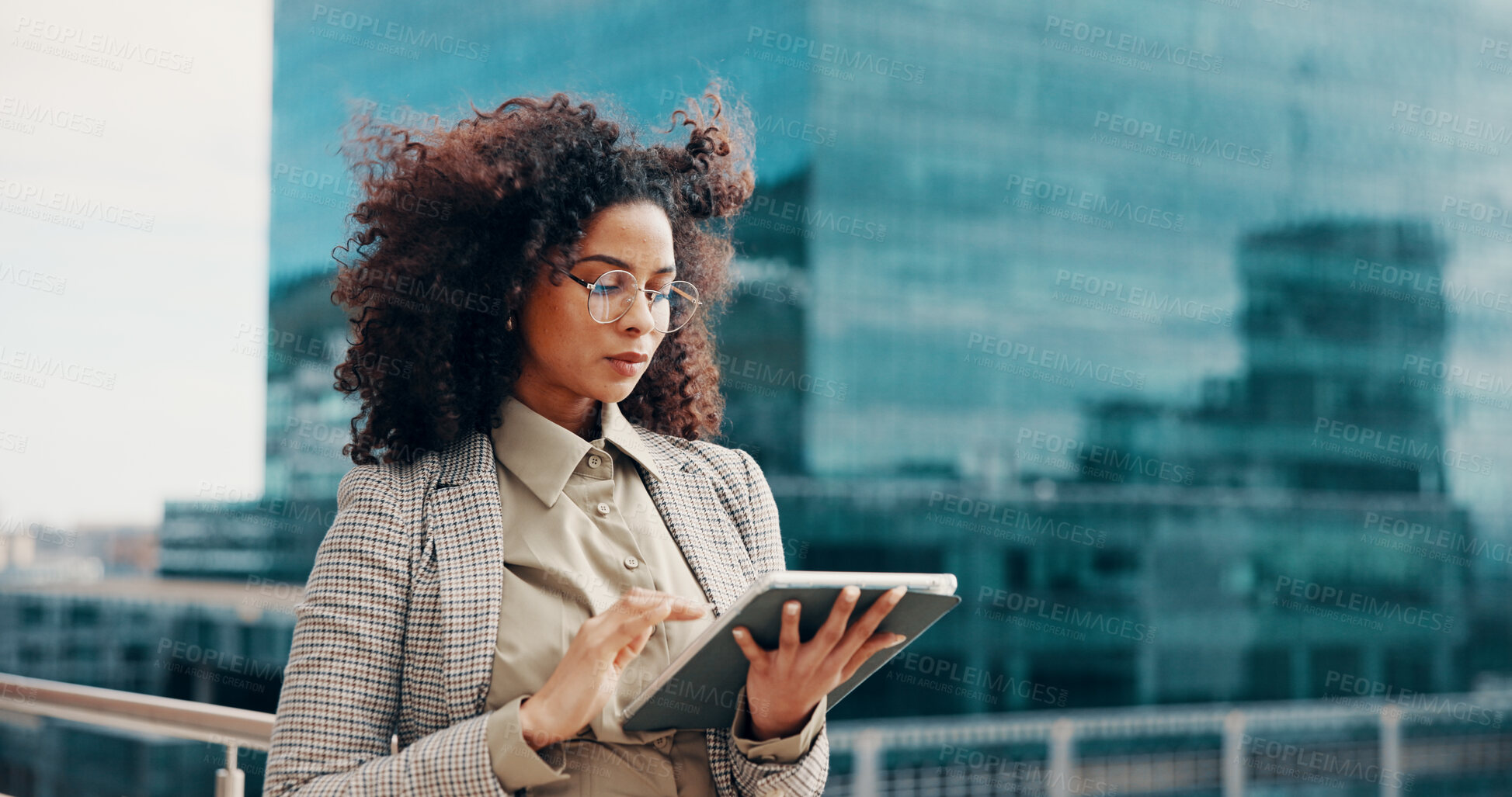 Buy stock photo Tablet, rooftop and businesswoman in city with research for finance report with company budget. Digital technology, balcony and female financial manager with investment proposal in urban town.