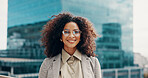 Happy woman, portrait and realtor with glasses in city for business development in urban settlement. Female person, smile or real estate agent with spectacles for asset management or growth in town