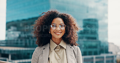 Buy stock photo Happy woman, portrait and realtor with glasses in city for business development in urban settlement. Female person, smile or real estate agent with spectacles for asset management or growth in town
