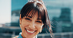 Portrait, face and happy woman in city, professional and  positive attitude for career development. Excited, opportunity and person with smile for job promotion, vision and workplace goals in success