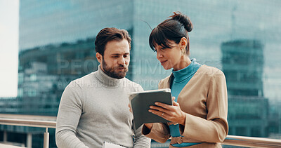 Buy stock photo Meeting, balcony and business people on tablet for finance review, online research and proposal feedback. Team, collaboration and workers on tech for discussion, financial report and budget planning