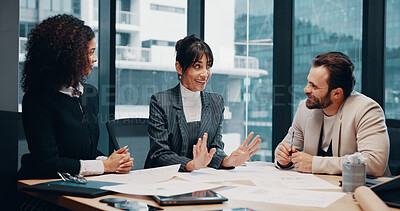 Buy stock photo Discussion, smile and business people in office, planning and financial agency with feedback. Excited, man and women in meeting, teamwork and announcement with budget report and negotiation for deal