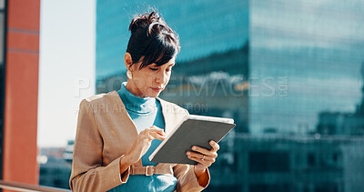 Buy stock photo Technology, rooftop and businesswoman in city with research for finance report with company budget. Tablet, balcony and professional female financial manager with investment proposal in urban town.