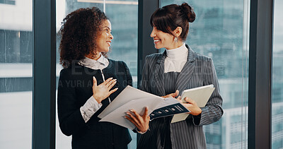 Buy stock photo Meeting, documents and business women in office for financial review, discussion and conversation. Corporate, happy and workers on tech with finance report for revenue, proposal and budget planning