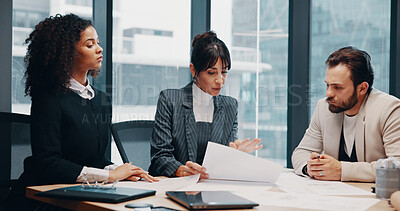 Buy stock photo Meeting, office and business people with documents for project, finance review or proposal feedback. Team, collaboration and workers with paperwork for discussion, financial report or budget planning