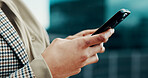 Phone, hands and businesswoman in city with contact, communication or connectivity online. Technology, networking and female corporate employee with cellphone for email on mobile app in urban town.