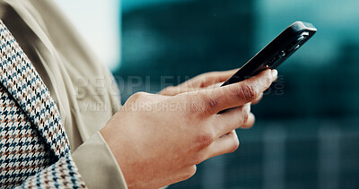 Buy stock photo Phone, hands and businesswoman in city with contact, communication or connectivity online. Technology, networking and female corporate employee with cellphone for email on mobile app in urban town.