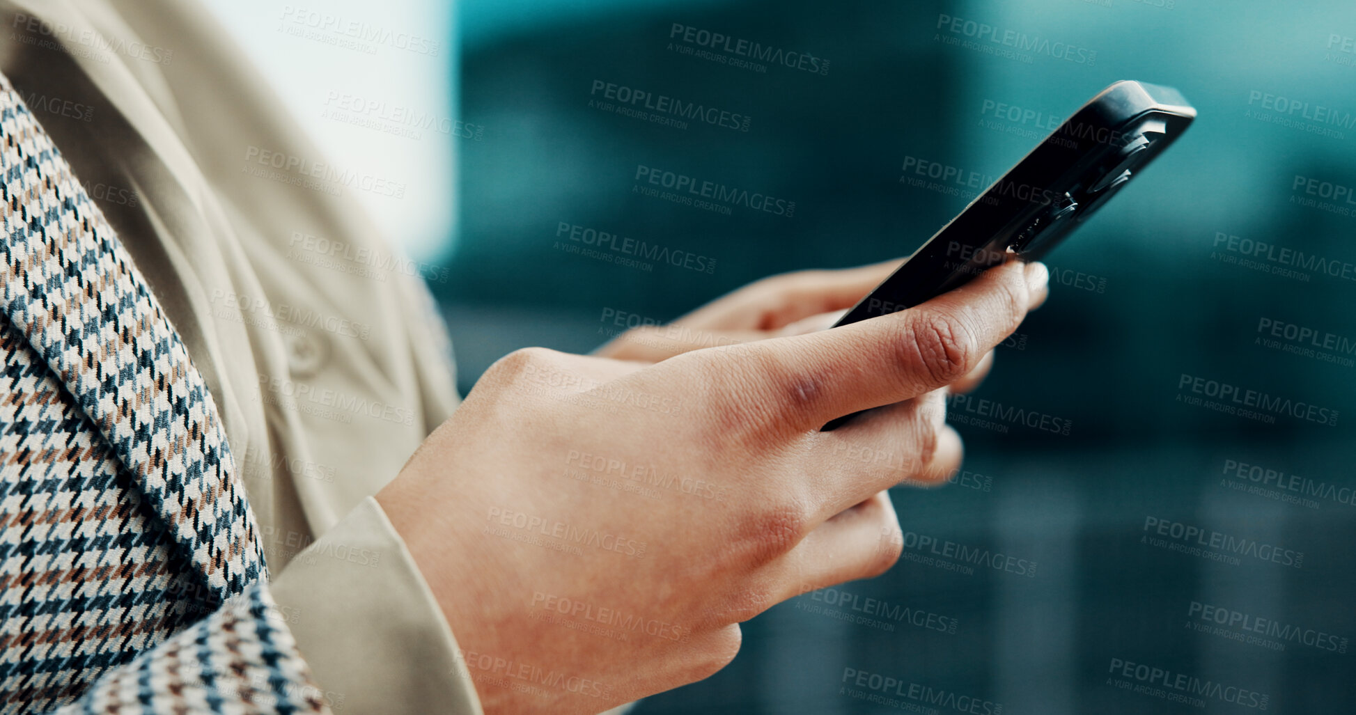 Buy stock photo Phone, hands and businesswoman in city with contact, communication or connectivity online. Technology, networking and female corporate employee with cellphone for email on mobile app in urban town.