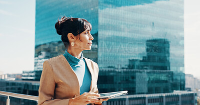 Buy stock photo Business, thinking and woman with tablet, balcony and financial agency with email notification. Mature person, choice and investor with tech, decision and budget report with proposal feedback or idea