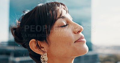 Buy stock photo Face of woman, thinking and outdoor rest, fresh air and relaxing moment for mental clarity. Calm, peaceful reflection and person with deep breathing for wellness, mindfulness and positive mindset
