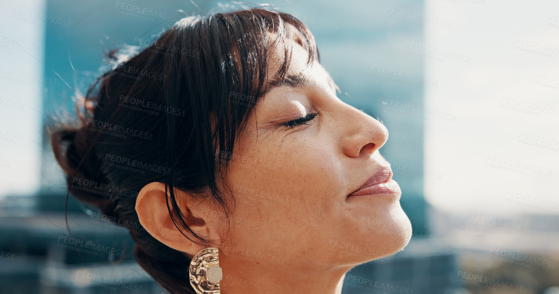 Buy stock photo Face of woman, thinking and outdoor rest, fresh air and relaxing moment for mental clarity. Calm, peaceful reflection and person with deep breathing for wellness, mindfulness and positive mindset

