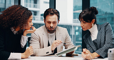 Buy stock photo Talking, tablet and business people in meeting, planning and financial agency with online trading. Investment, man and women in office, teamwork and conversation with budget report, app and internet