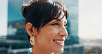 Business, thinking and woman with smile, outdoor and contemplation with urban development. Wonder, mature person and employee in city, ideas and decision with building renovation, happiness or choice