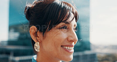 Buy stock photo Business, thinking and woman with smile, outdoor and contemplation with urban development. Wonder, mature person and employee in city, ideas and decision with building renovation, happiness or choice