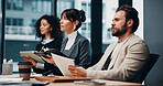 Business people, meeting and listening with documents in conference for corporate proposal. Group, employees or staff with paperwork for company proposition, presentation or team pitch in boardroom