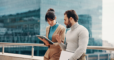 Buy stock photo Meeting, balcony and business people on tablet for online project, finance review and proposal feedback. Team, collaboration and workers on tech for discussion, financial report and budget planning