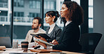 Business people, meeting and listening with team in conference for corporate proposal. Group, employees or staff with documents for company proposition, presentation or pitch together in boardroom